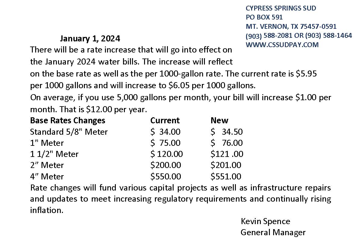 Rate Increase Notice 2024